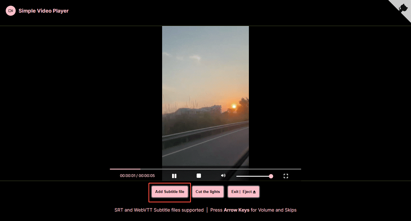 Simple Video Player interface with the Add Subtitle file option selected.