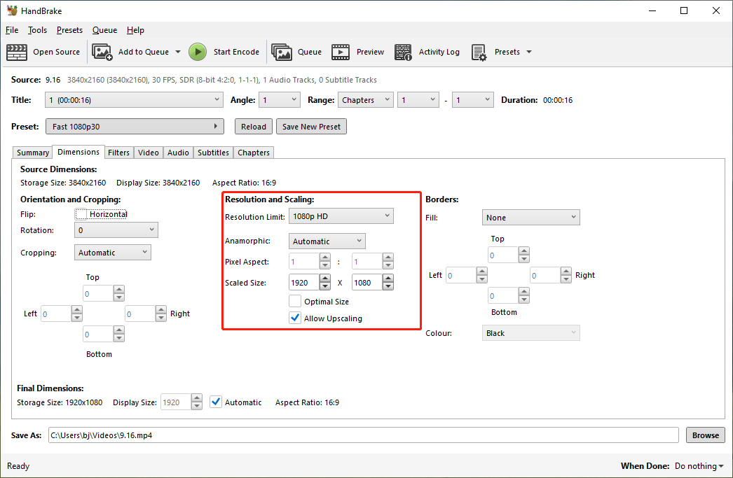 HnadBrake main interface with the selected Resolution and Scaling section.