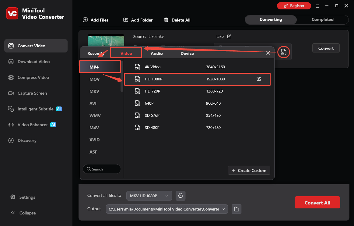 MiniTool Video Converter interface showing how to choose MP4 as the output format.