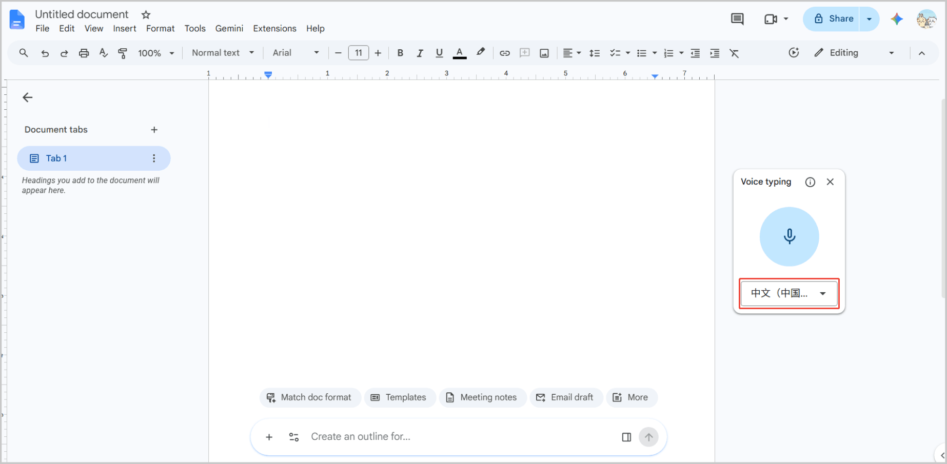 Google Docs interface with the Voice typing window on the right.