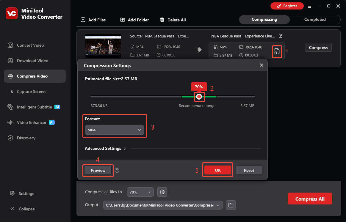 MiniTool Video Converter Compress Video interface showing how to adjust compression settings and preview the video.