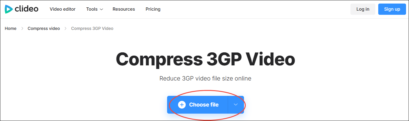 Clideo video compression interface with the Choose file option selected.