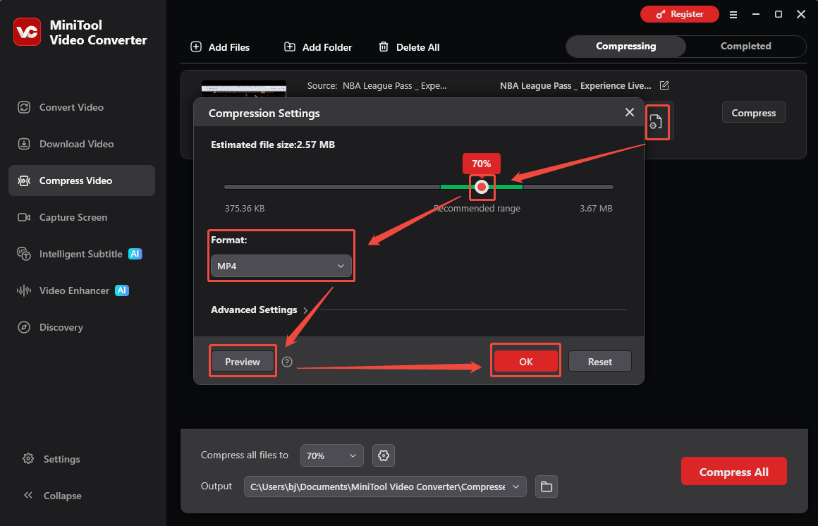 MiniTool Video Converter showing how to adjust video compression parameters and preview the video.