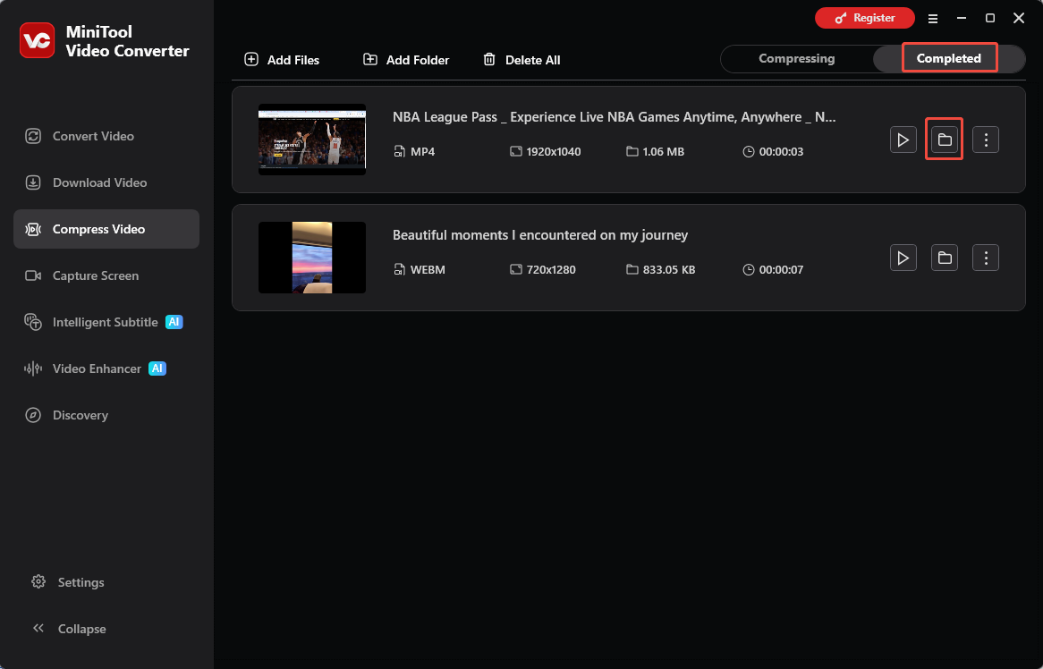 MiniTool Video Converter Compress Video interface with the folder icon selected under the Completed tab.