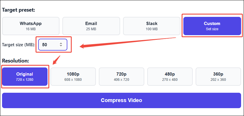 VidShift interface showing how to set the video compression parameters.