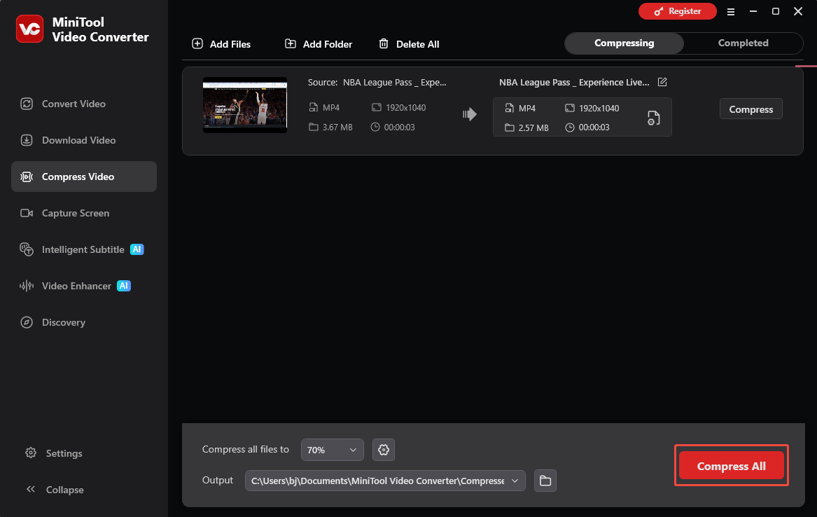 MiniTool Video Converter interface with the Compress All option selected under the Compress Video option.
