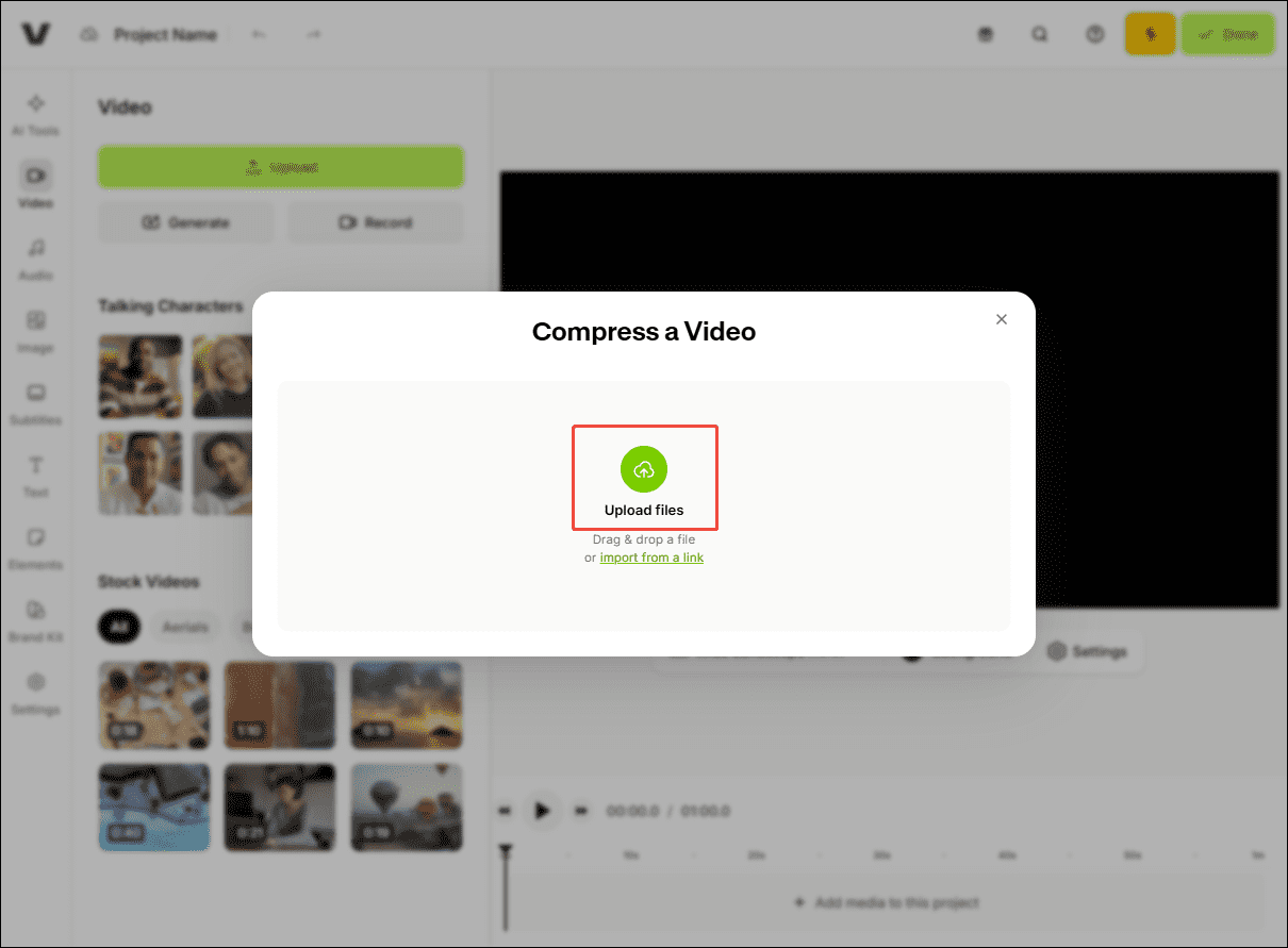 VEED video compression interface with the Upload files option selected.