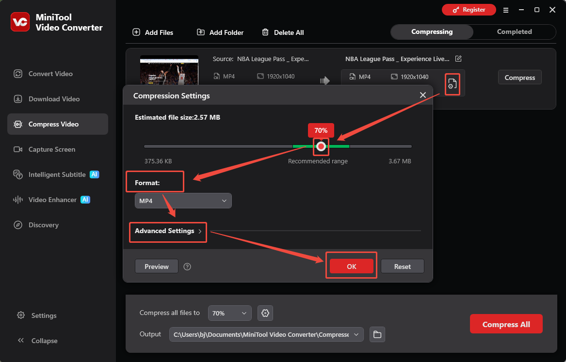 MiniTool Video Converter interface showing how to adjust video compression settings.