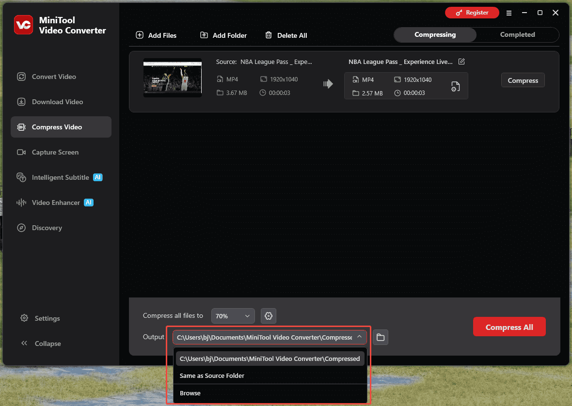 MiniTool Video Converter Compress Video interface with the output format option expanded.