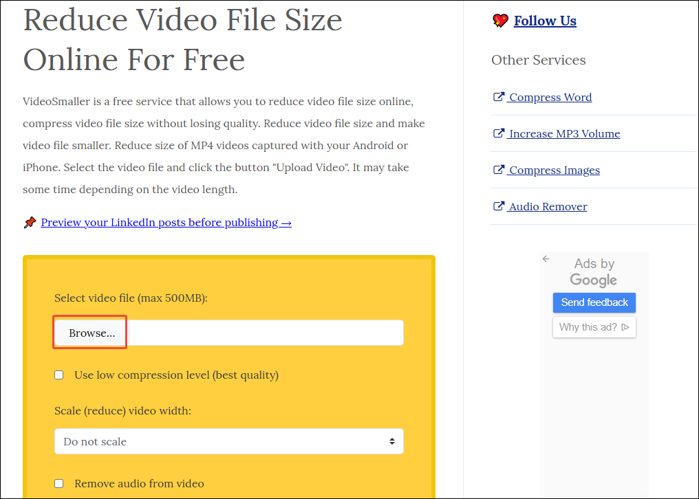 VideoSmaller interface with the Browse option selected.
