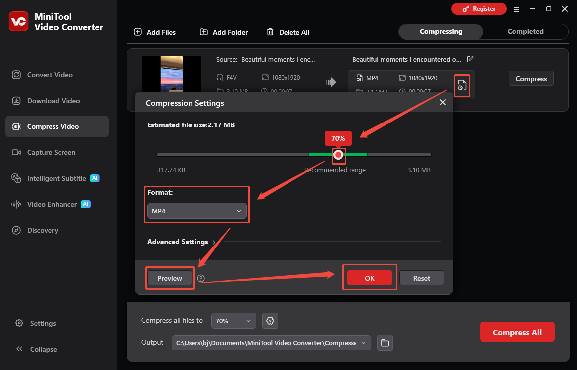 MiniTool Video Converter interface showing how to adjust video compression parameters and preview the video.