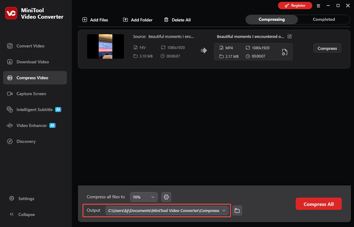 MiniTool Video Converter interface with the output format option selected the Compress Video section.