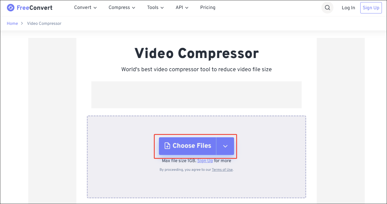FreeConvert Video Compressor interface with the Choose Files option selected.