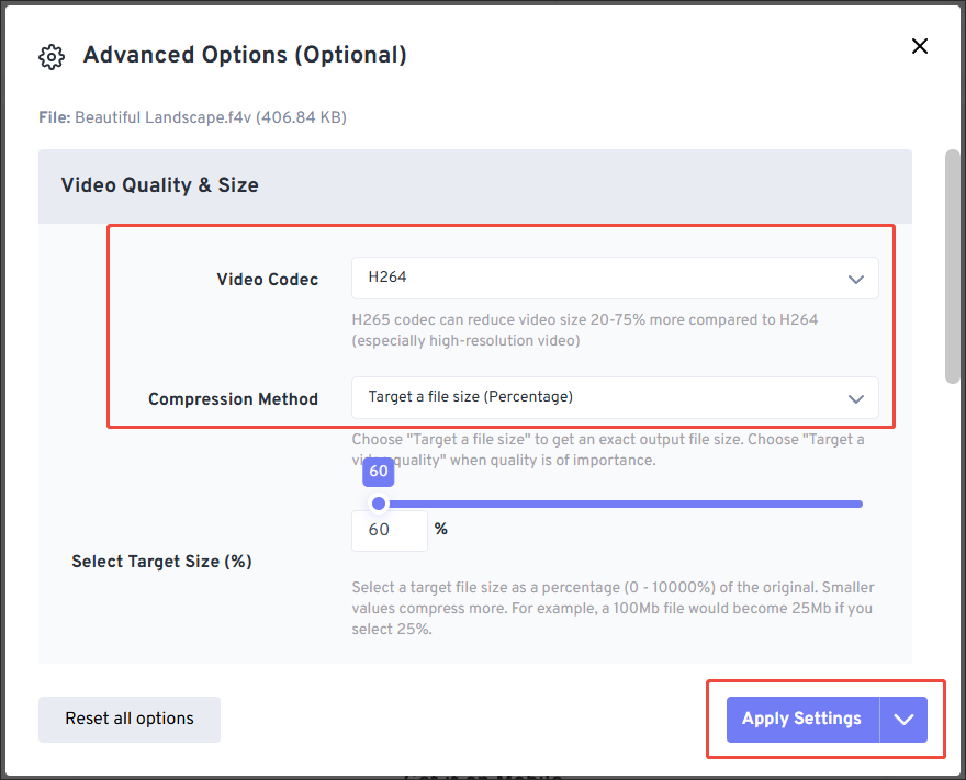 FreeConvert Video Compressor interface showing how to adjust video compression parameters.