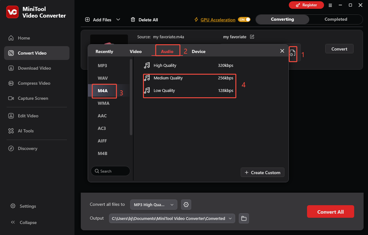 MiniTool Video Converter Convert Video interface showing how to choose a bitrate for the M4A file.