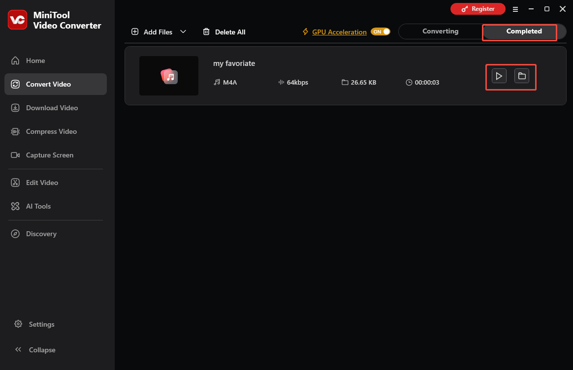 MiniTool Video Converter Convert Video interface with the Play and Folder icons selected under the Completed tab.