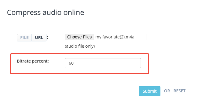 AConvert audio compression interface with the Bitrate percent set to 60.