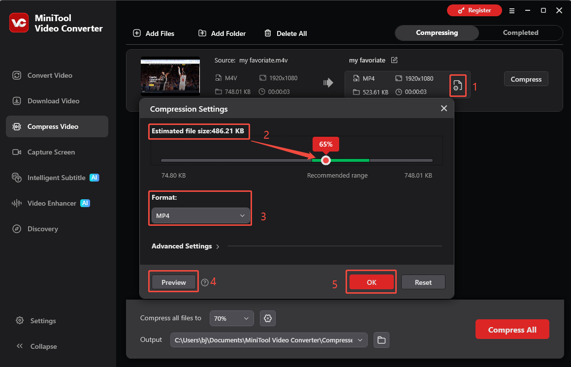 MiniTool Video Converter interface showing how to adjust video compression level and preview the video.