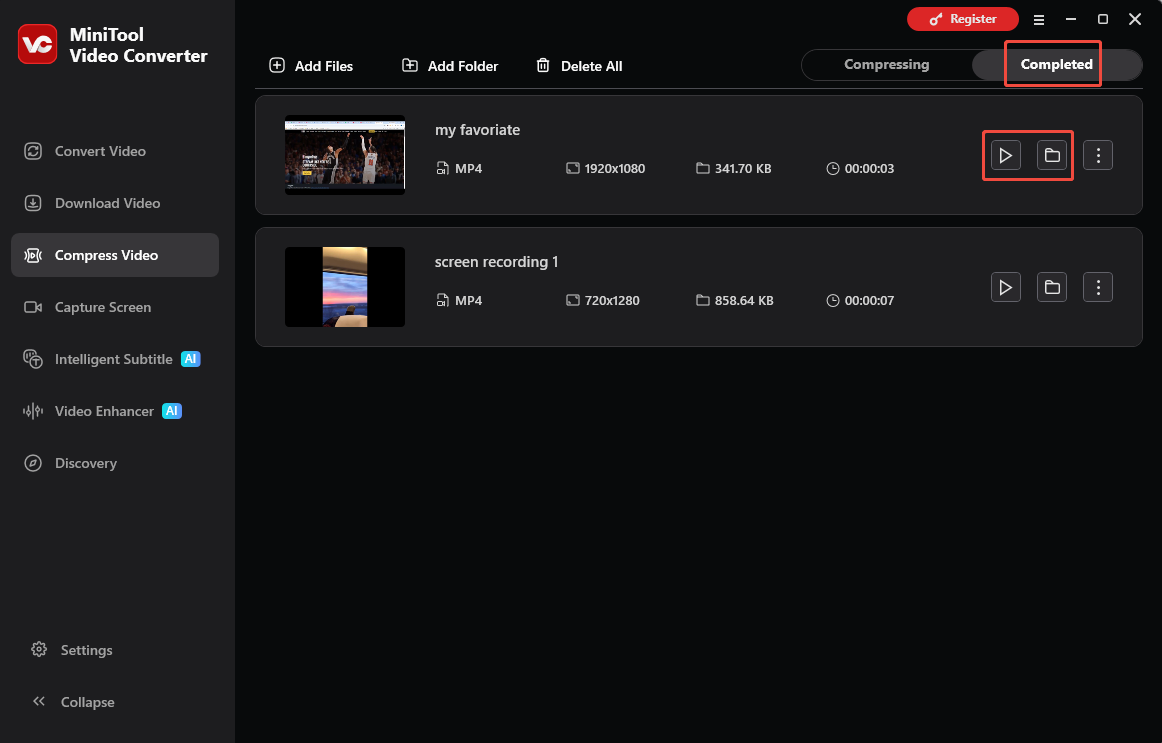 MiniTool Video Converter Compress Video interface with the Play and Folder icons selected under the Completed tab.