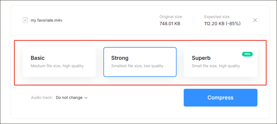 Clideo video compression interface with the compression mode options selected.