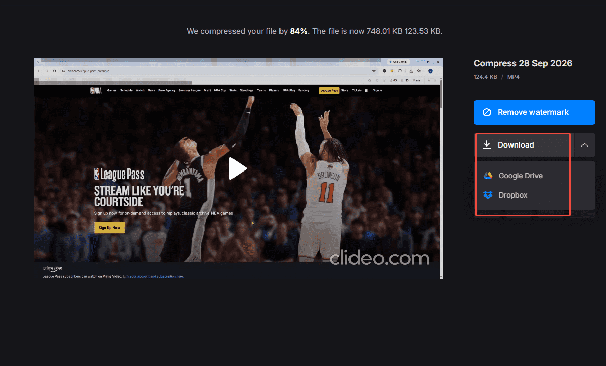 Clideo video compression interface with the video file save path options selected.