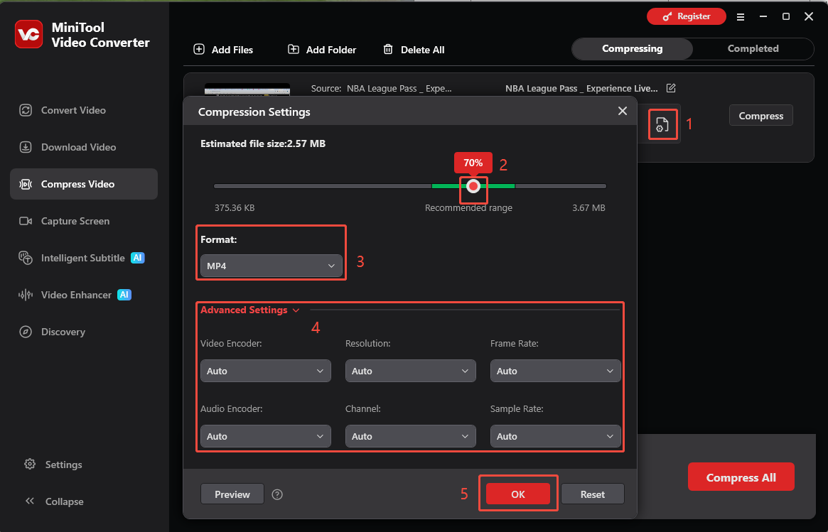 MiniTool Video Converter interface showing how to configure the video compression parameters.