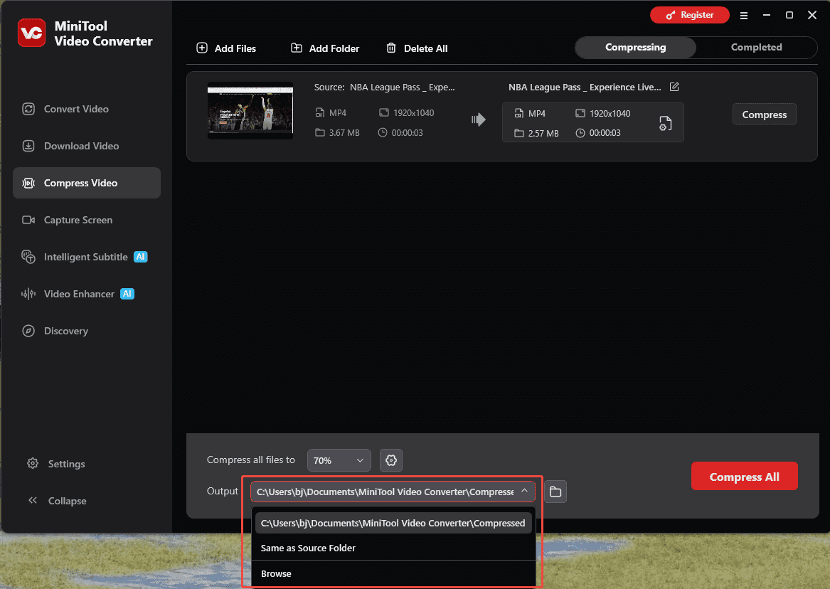 MiniTool Video Converter Compress Video interface with the output format option expanded.
