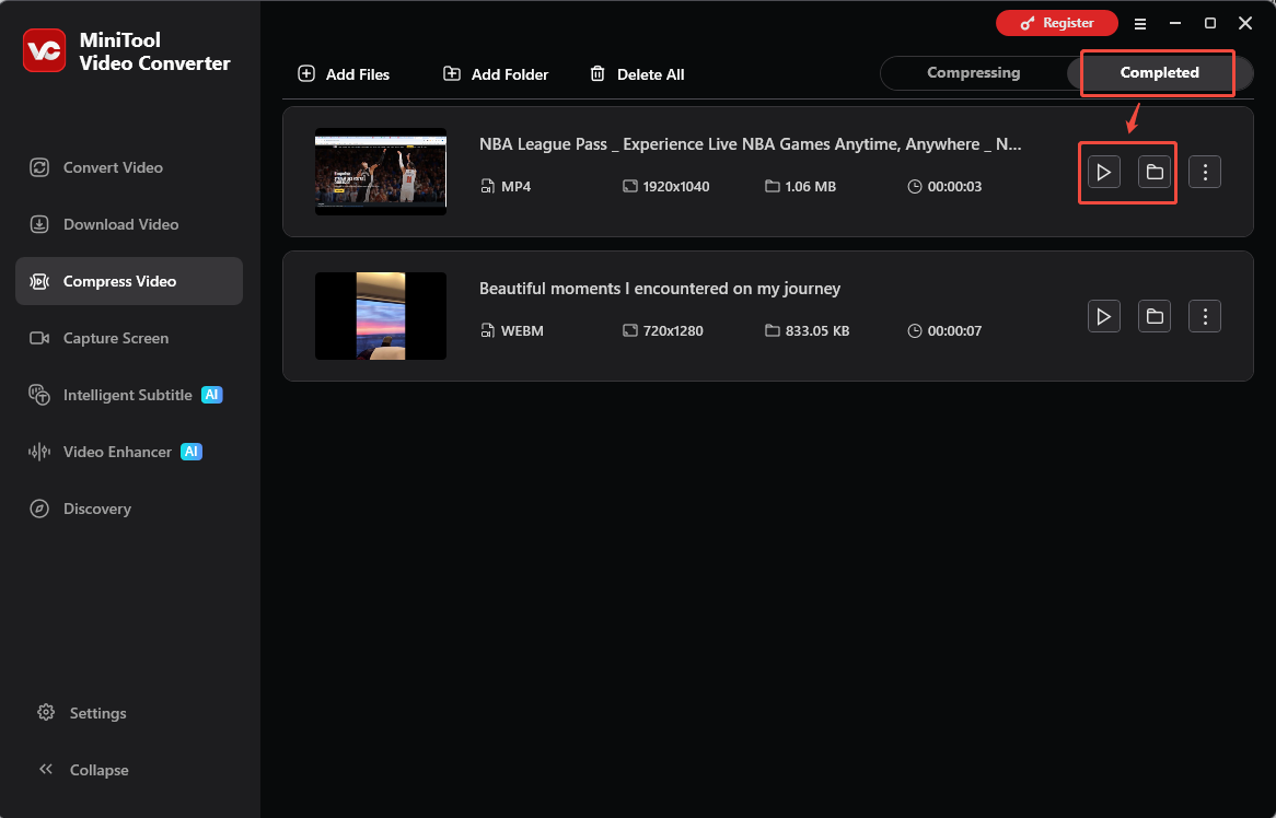 MiniTool Video Converter interface showing how to play and check the compressed video under the Completed tab.