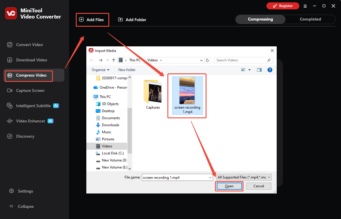 MiniTool Video Convert Compress Video interface showing how to import a video.