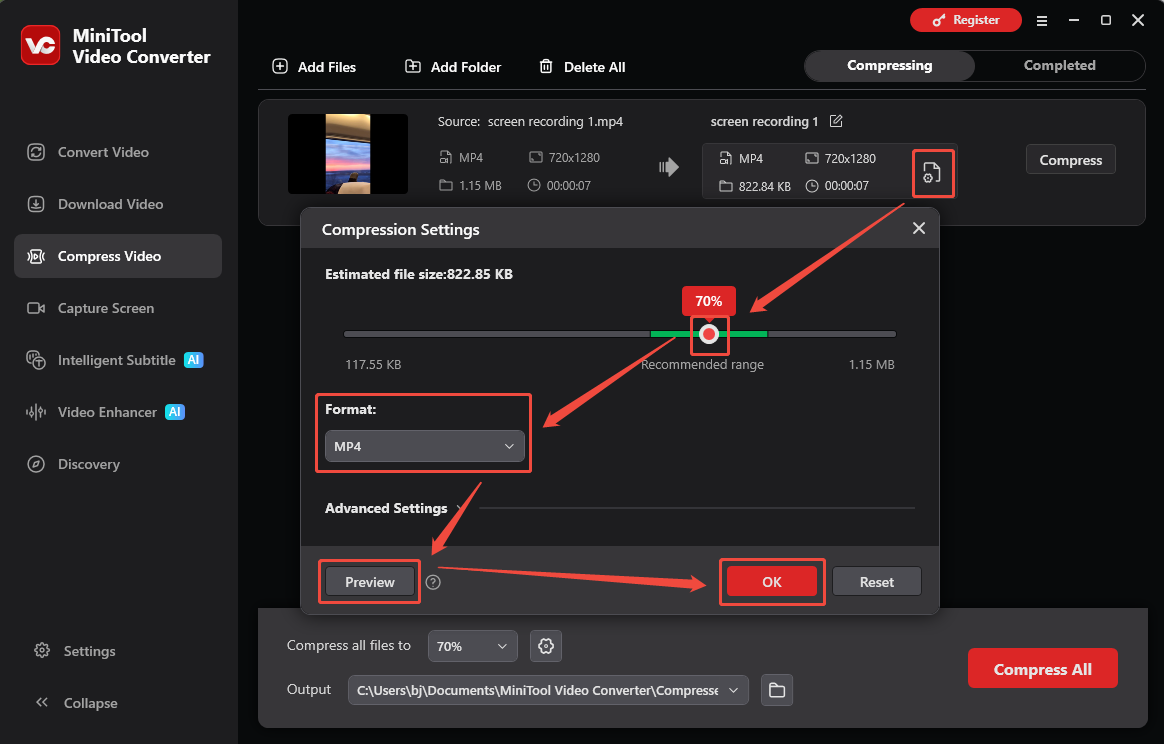 MiniTool Video Converter interface showing how to adjust video compression parameters and preview the video.