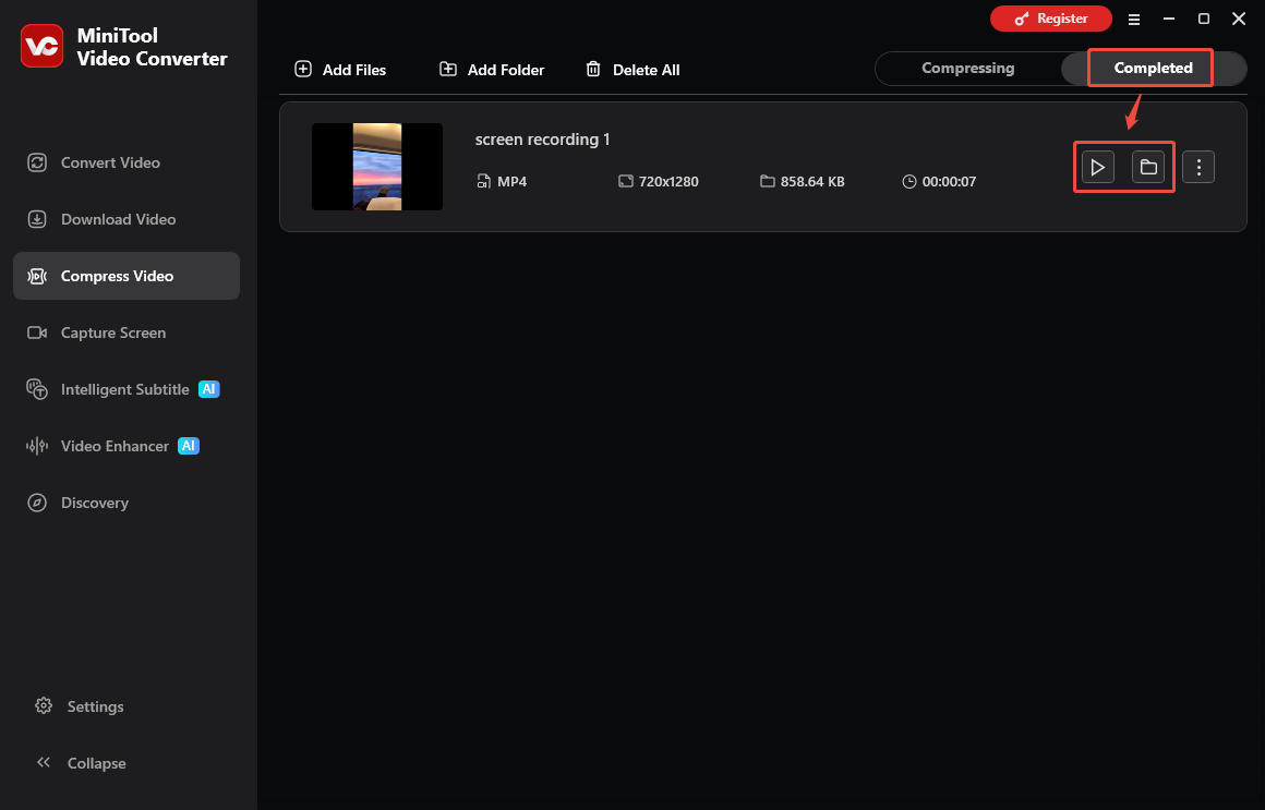 MiniTool Video Converter Compress Video interface with the play and folder icons selected under the Completed tab.