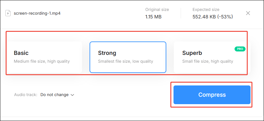Clideo video compression interface with the video compression mode options and the Compress option selected.