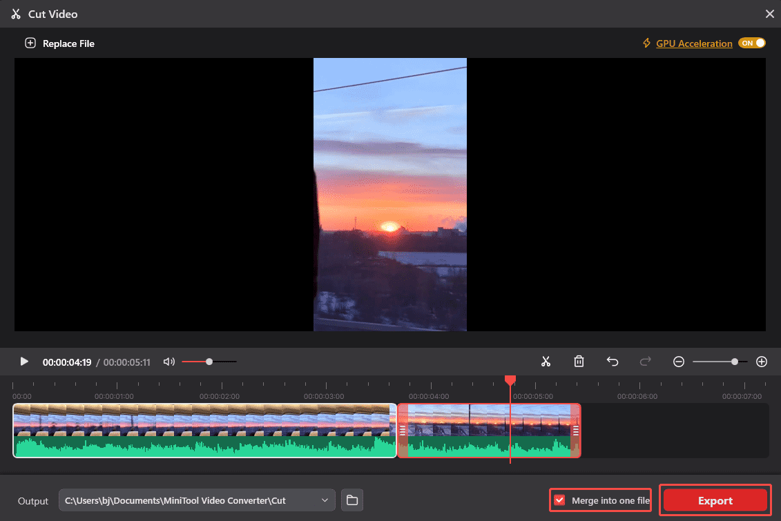 MiniTool Video Converter Cut Video interface with the Merge into one file and the Export option selected.
