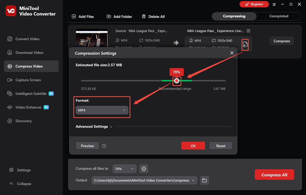 MiniTool Video Converter interface showing how to set compression level and output format.
