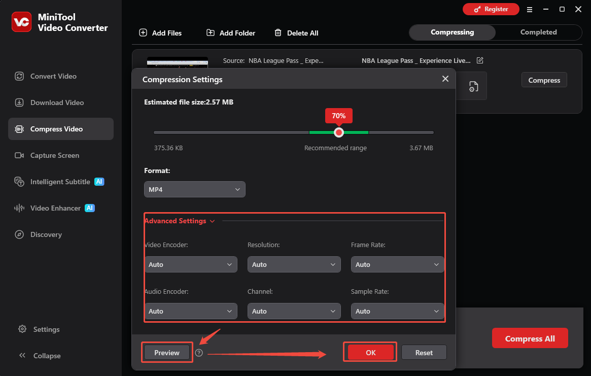 MiniTool Video Converter interface showing how to adjust video compression parameters and preview the video.