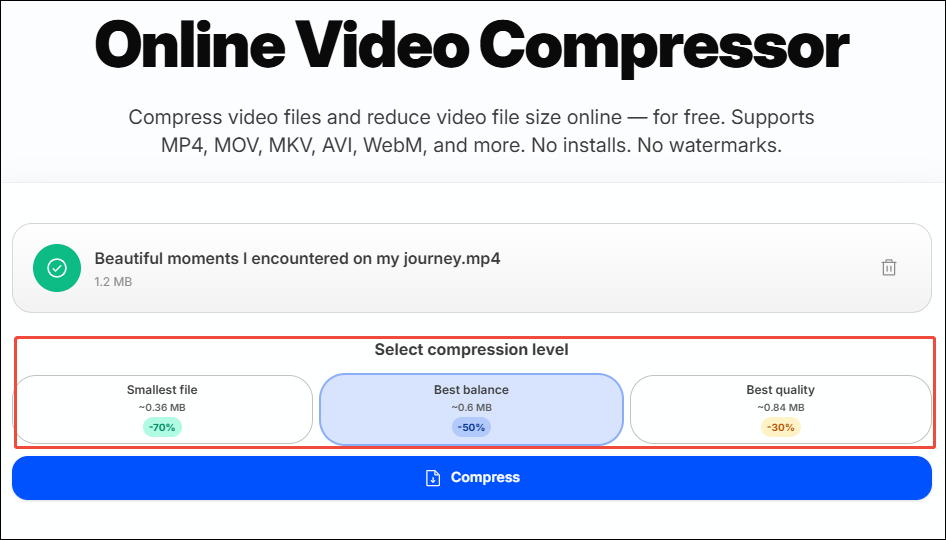 HappyScribe video compressor interface with the compression level options selected.