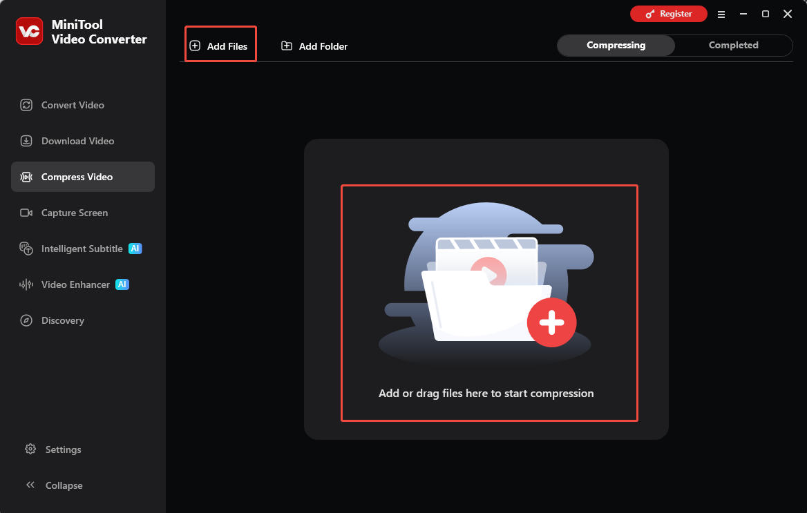 MiniTool Video Converter showing how to import the video file under the Compress Video tab.