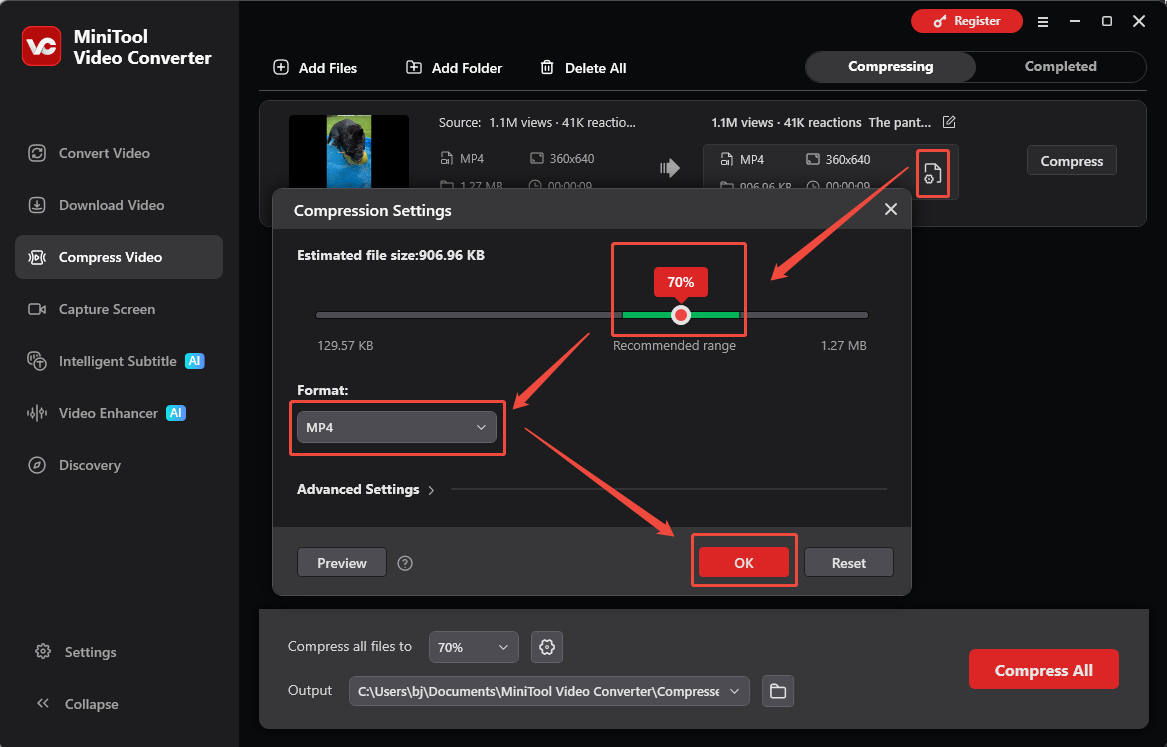 MiniTool Video Converter interface showing how to set compression level and choose the format under the Compress Video tab.