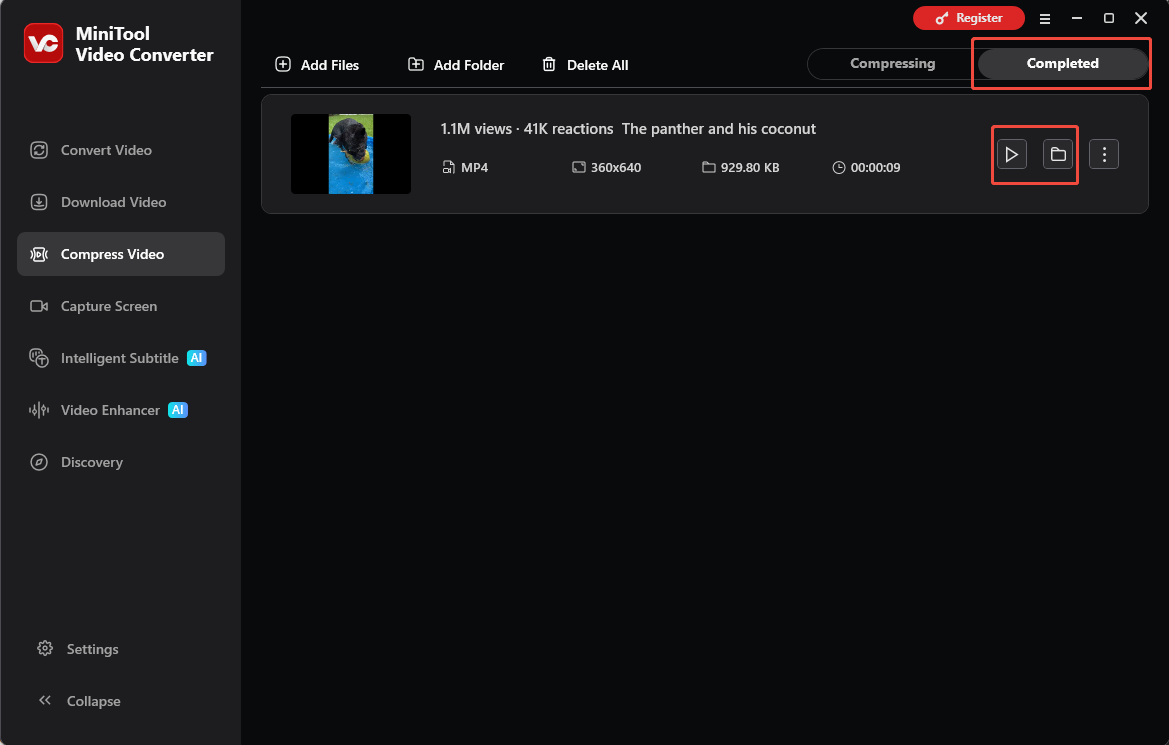 The Compress Video tab of MiniTool Video Converter showing how to play and check the compressed video within Completed.