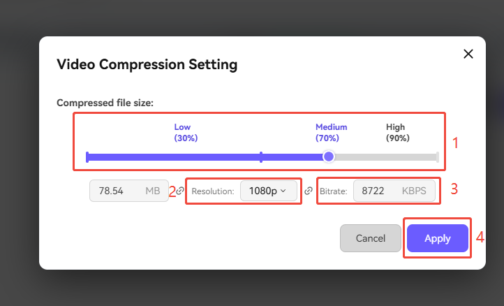 Media.io Online Video Compressor interface showing how to configure the compression settings.