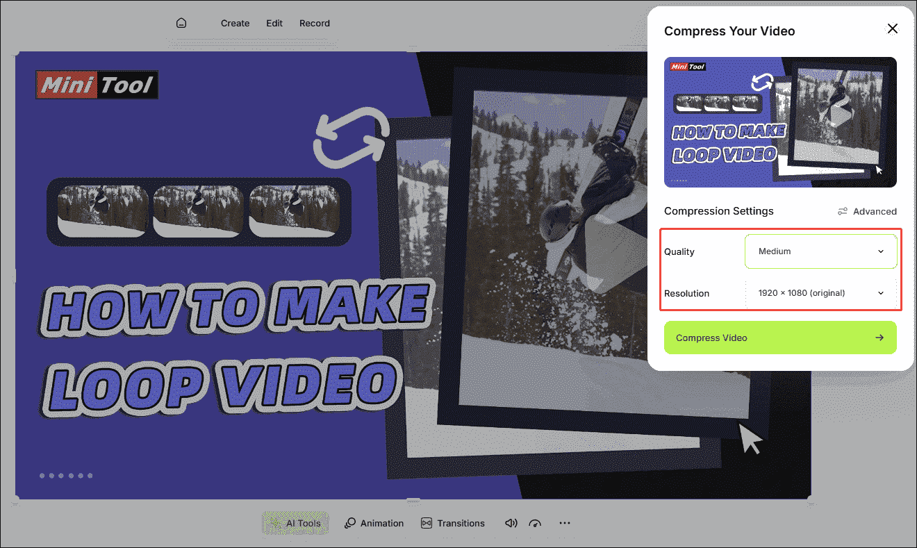 VEED video convert interface with the Quality and Resolution option selected.