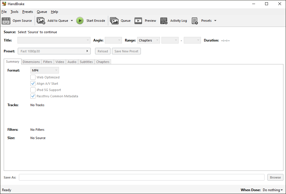 The main interface of HandBrake.