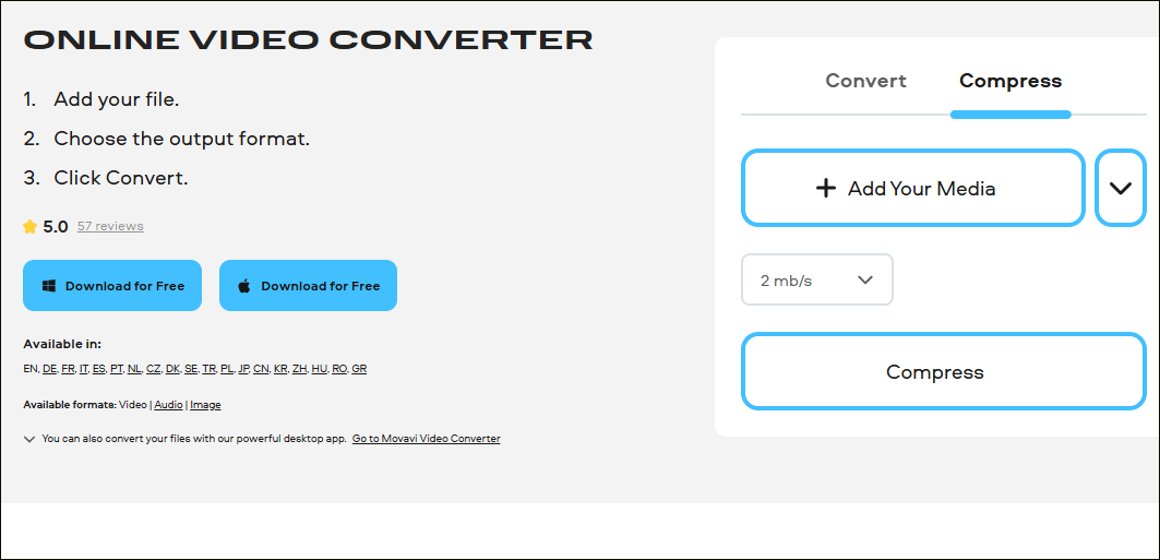 The online video compression interface of Movavi Video Converter.