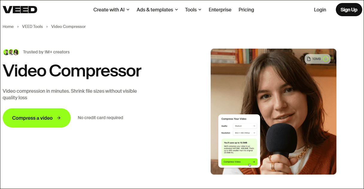 The video compression interface of VEED.