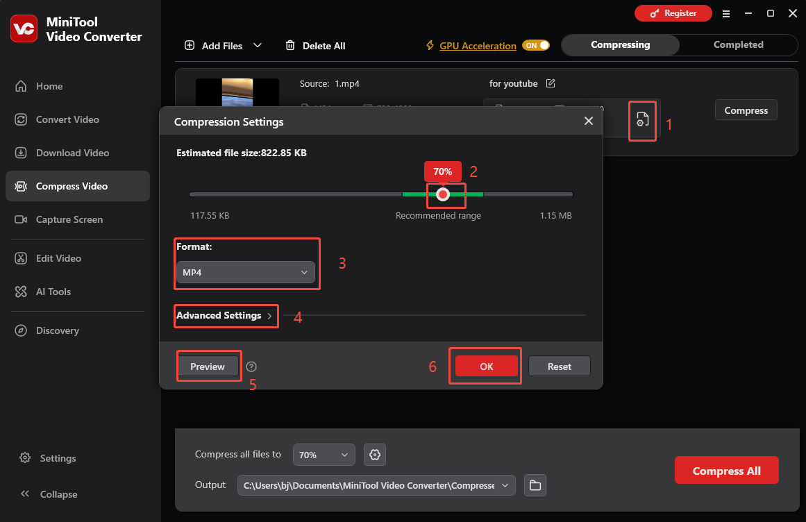 MiniTool Video Converter interface showing how to set compression settings and preview the video.