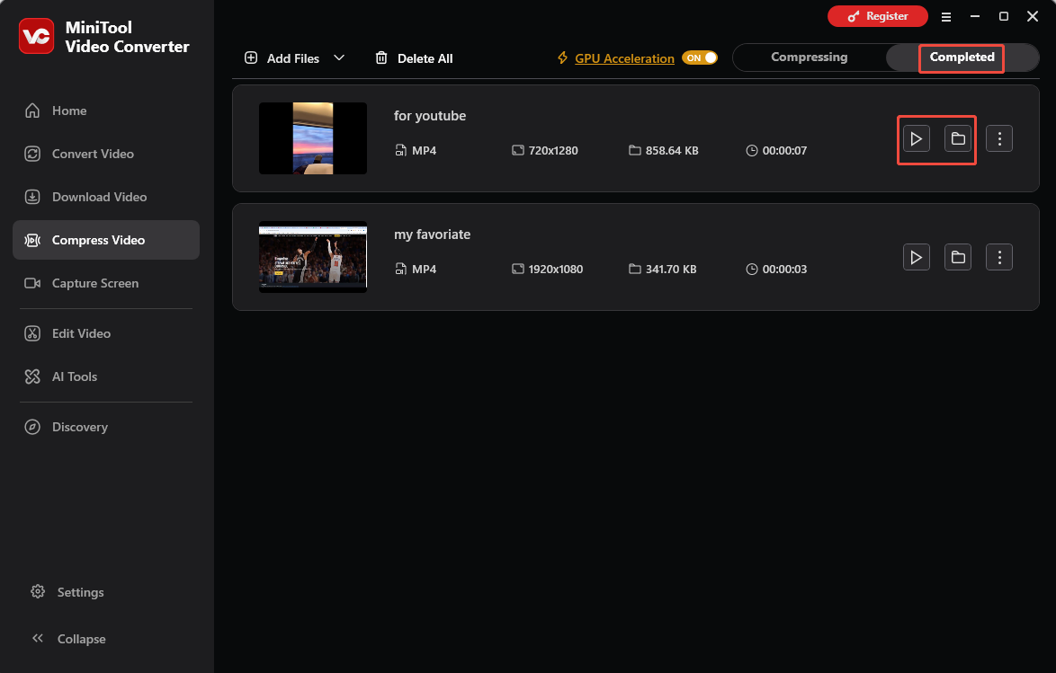 MiniTool Video Converter interface showing how to view and check the compressed YouTube video.