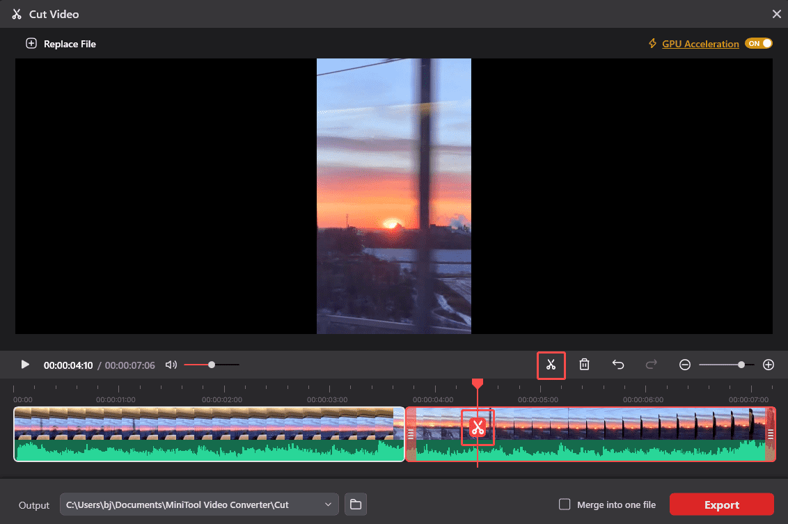 MiniTool Video Converter Cut Video interface showing how to split the video.
