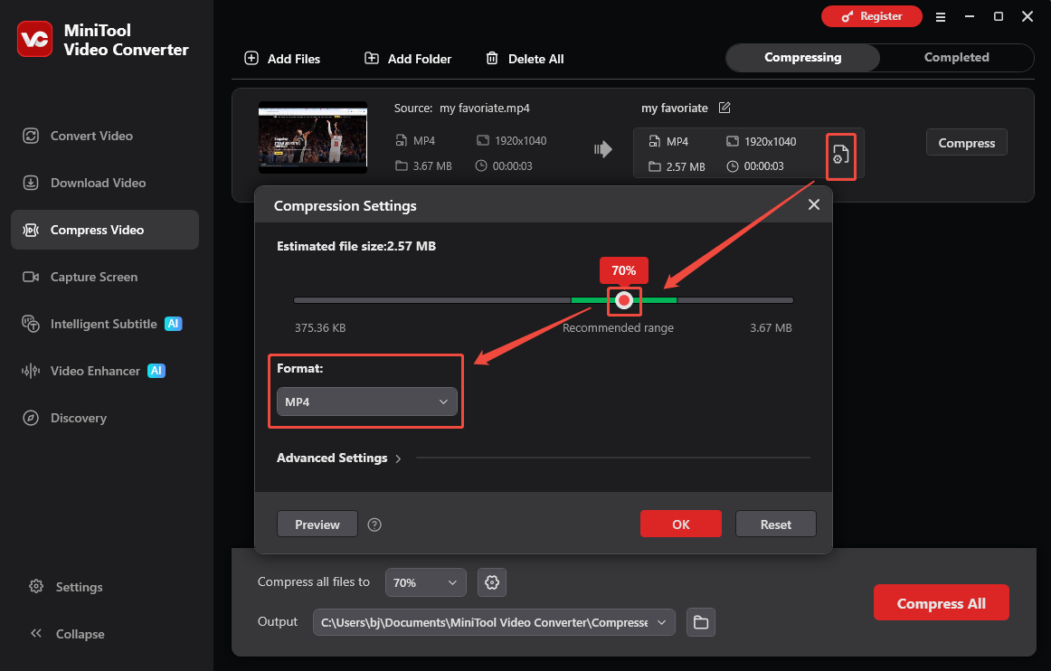 MiniTool Video Converter interface showing how to set the compression level and choose an output format.