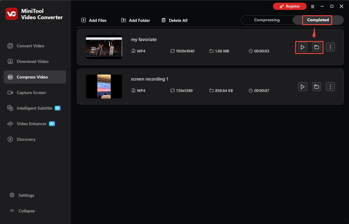 MiniTool Video Converter Compress Video interface with the Play and Folder icons selected under the Completed tab.