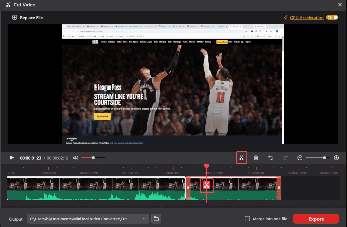 MiniTool Video Converter Cut Video interface with the Cut icon selected.